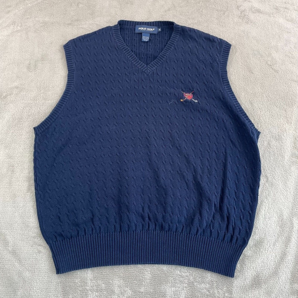 Vintage Polo Golf Ralph Lauren Cable Knit Sweater Vest Men XL Navy Blue Logo USA